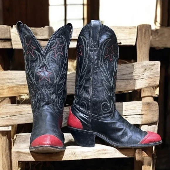 Vintage Black/Red Star Embroidered Cowboy Western Boots Women's Size 7M
